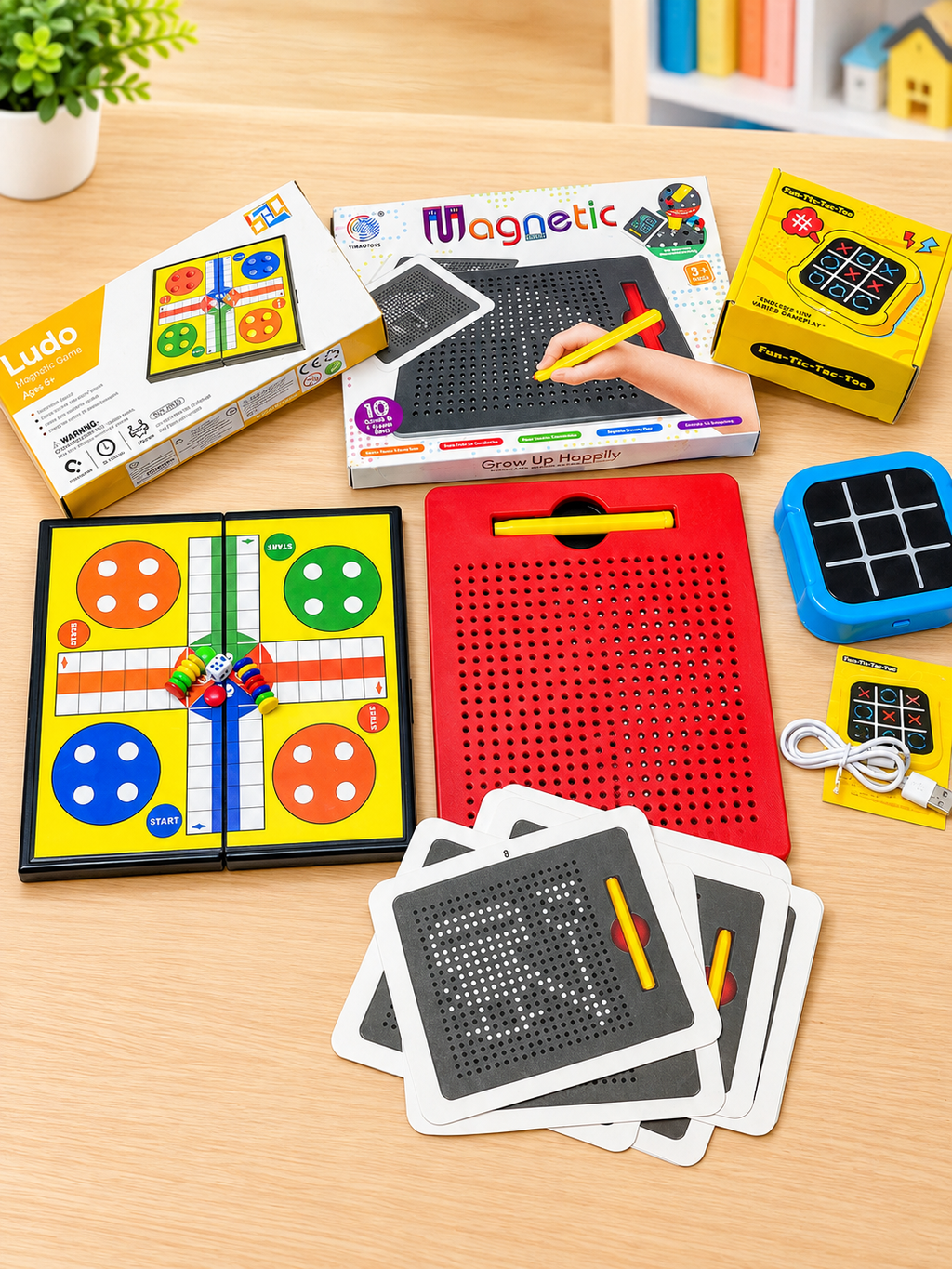 3 in 1 Fun Indoor Bundle — Magnetic Doodle Board, Electronic Tic Tac Toe & Portable Ludo