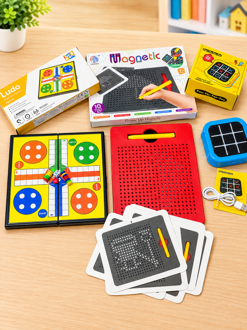 3 in 1 Fun Indoor Bundle — Magnetic Doodle Board, Electronic Tic Tac Toe & Portable Ludo