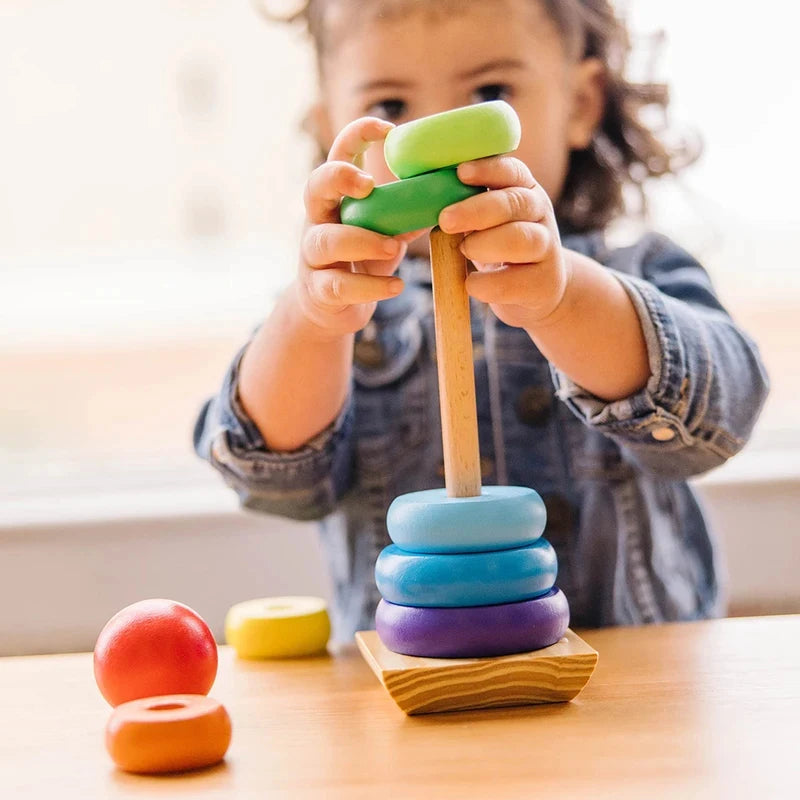 Wooden Rainbow Stacking Rings — all rings stacked in order