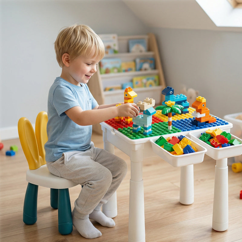 Building Blocks Activity Table — table, chair and blocks together