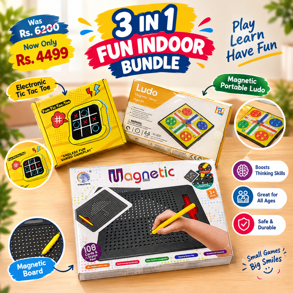 3 in 1 Fun Indoor Bundle — Magnetic Doodle Board, Electronic Tic Tac Toe & Portable Ludo