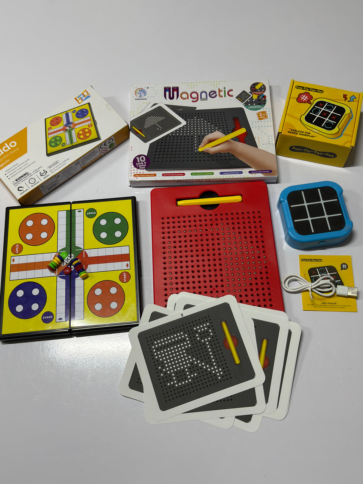 3 in 1 Fun Indoor Bundle — Magnetic Doodle Board, Electronic Tic Tac Toe & Portable Ludo