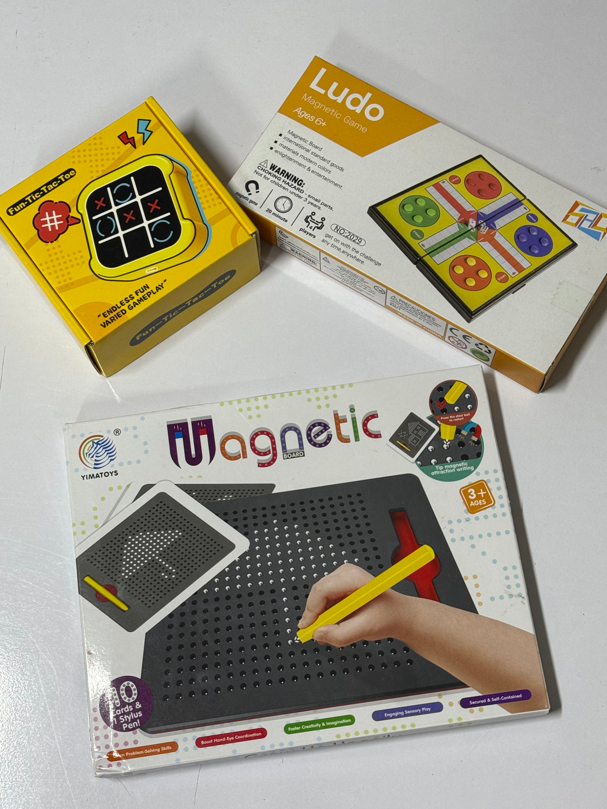 3 in 1 Fun Indoor Bundle — Magnetic Doodle Board, Electronic Tic Tac Toe & Portable Ludo
