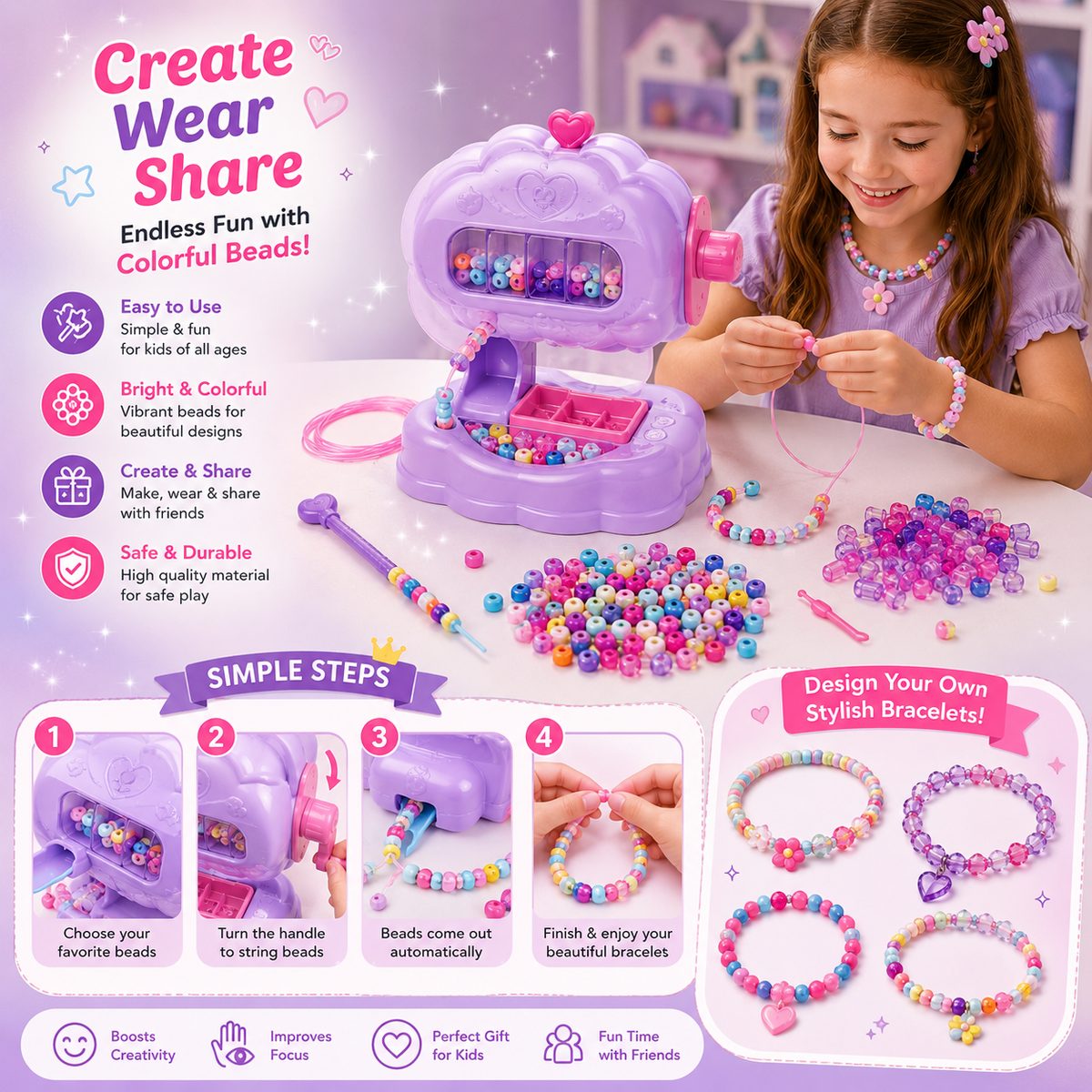 DIY Bracelet Maker Machine Kit for Kids — Bead Spinner with 1220 Beads & 17 Strings