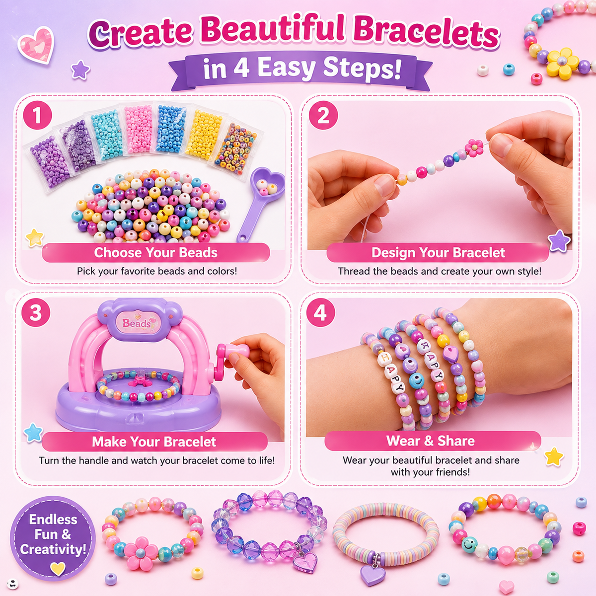 DIY Bracelet Maker Machine Kit for Kids — Bead Spinner with 1220 Beads & 17 Strings