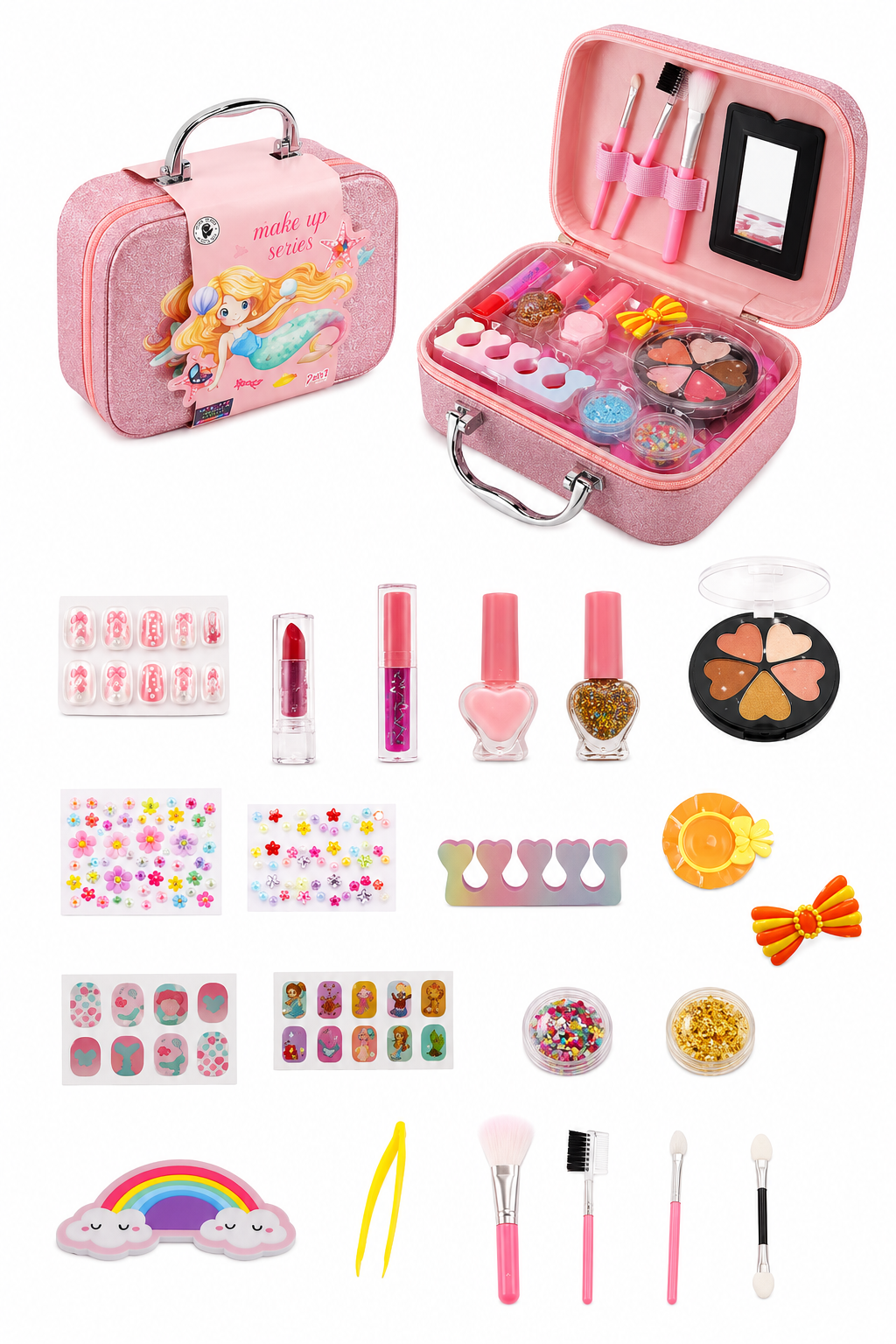 Mermaid Makeup Suitcase — case opened with built-in mirror