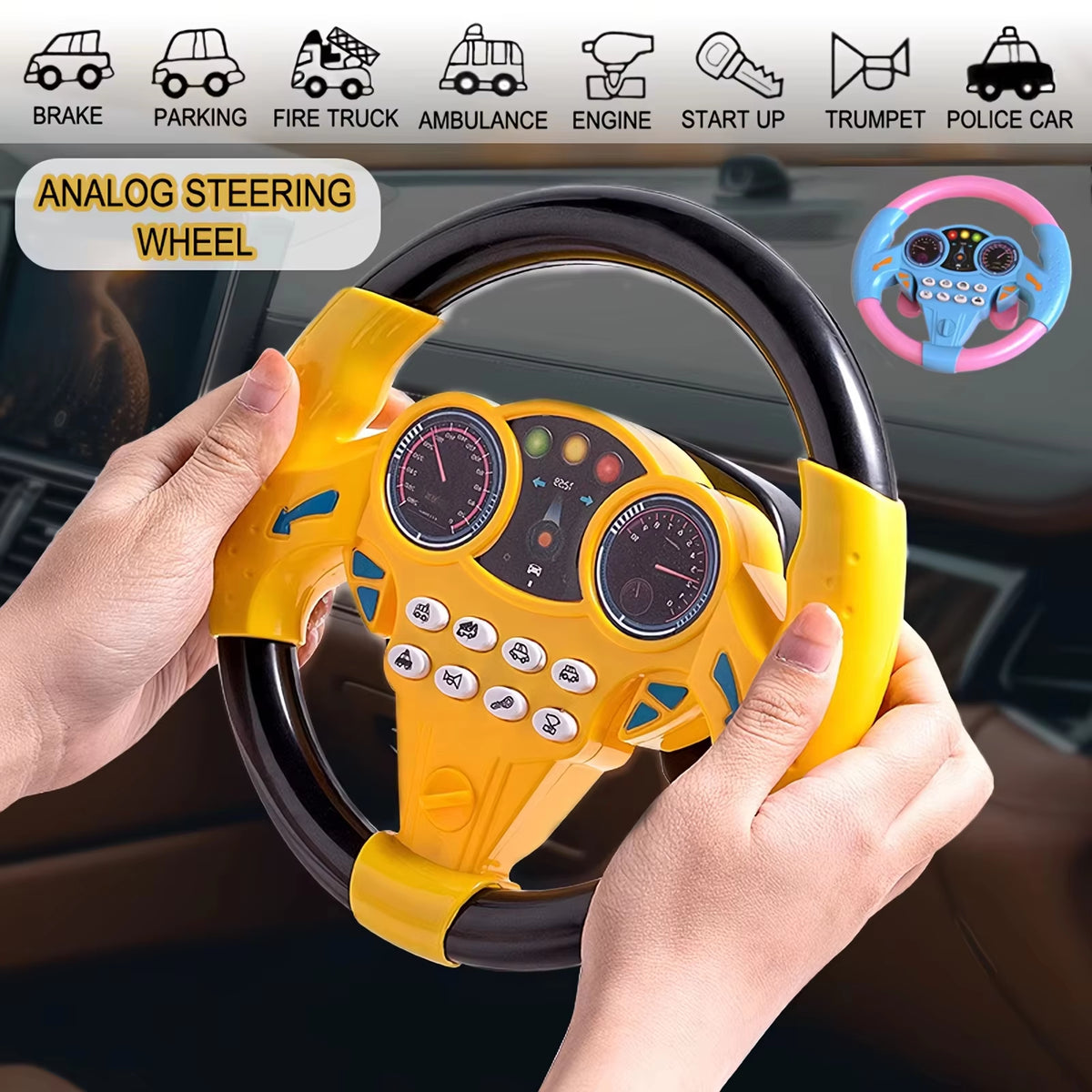 Kids Driving Steering Wheel Toy — turn signals and traffic lights