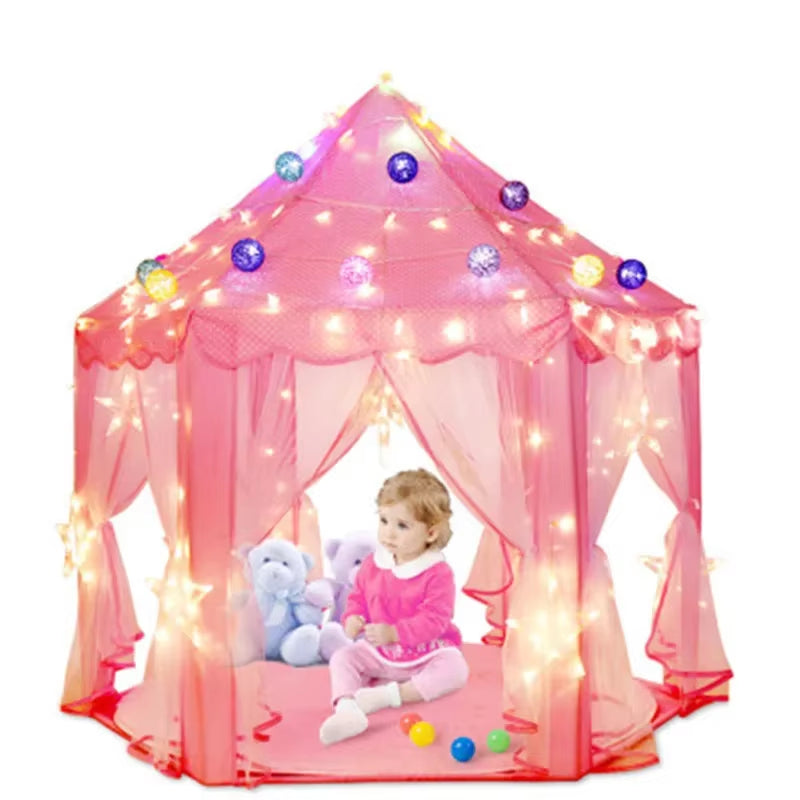 Princess Castle Play Tent — tent fully set up indoors