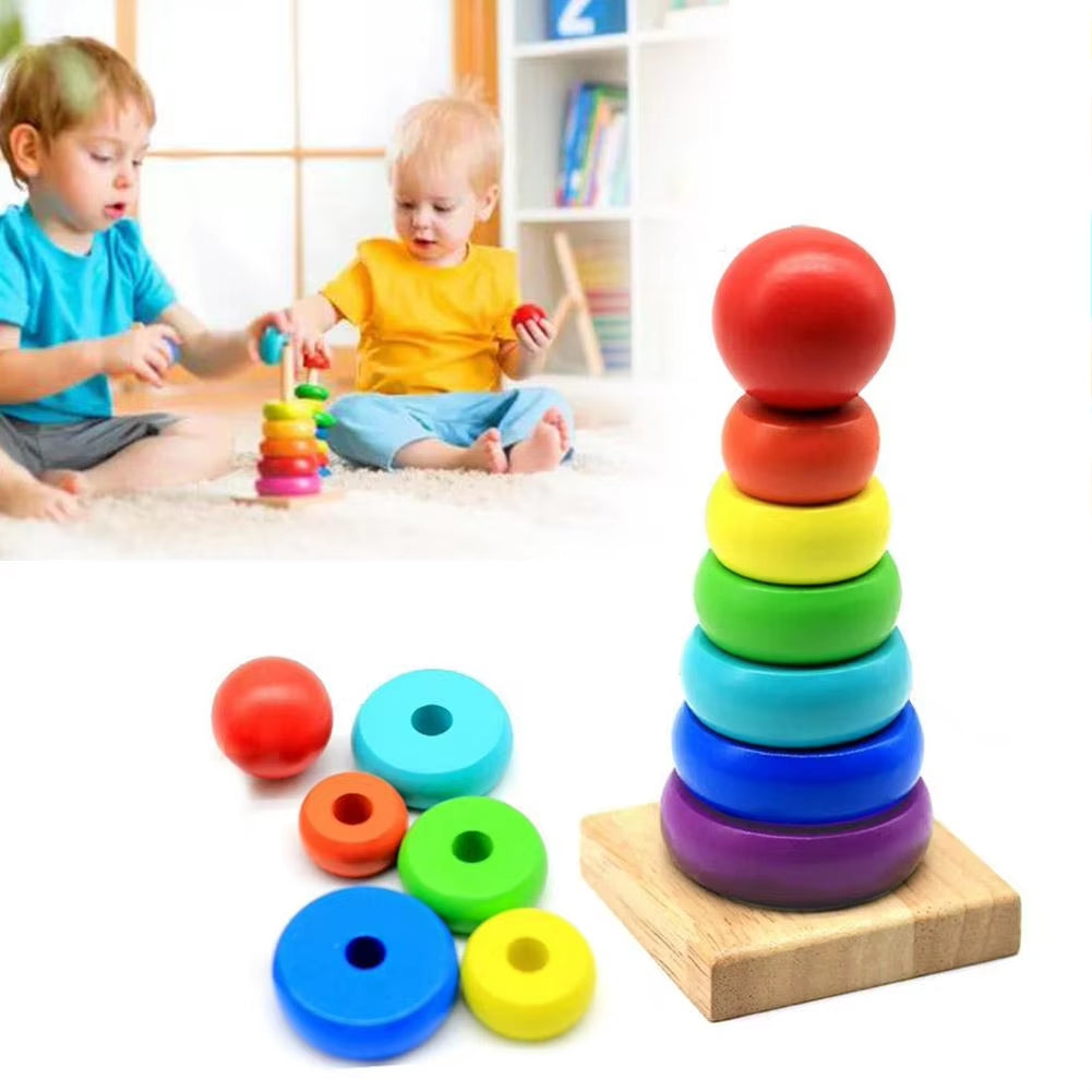 Wooden Rainbow Stacking Rings — size and scale