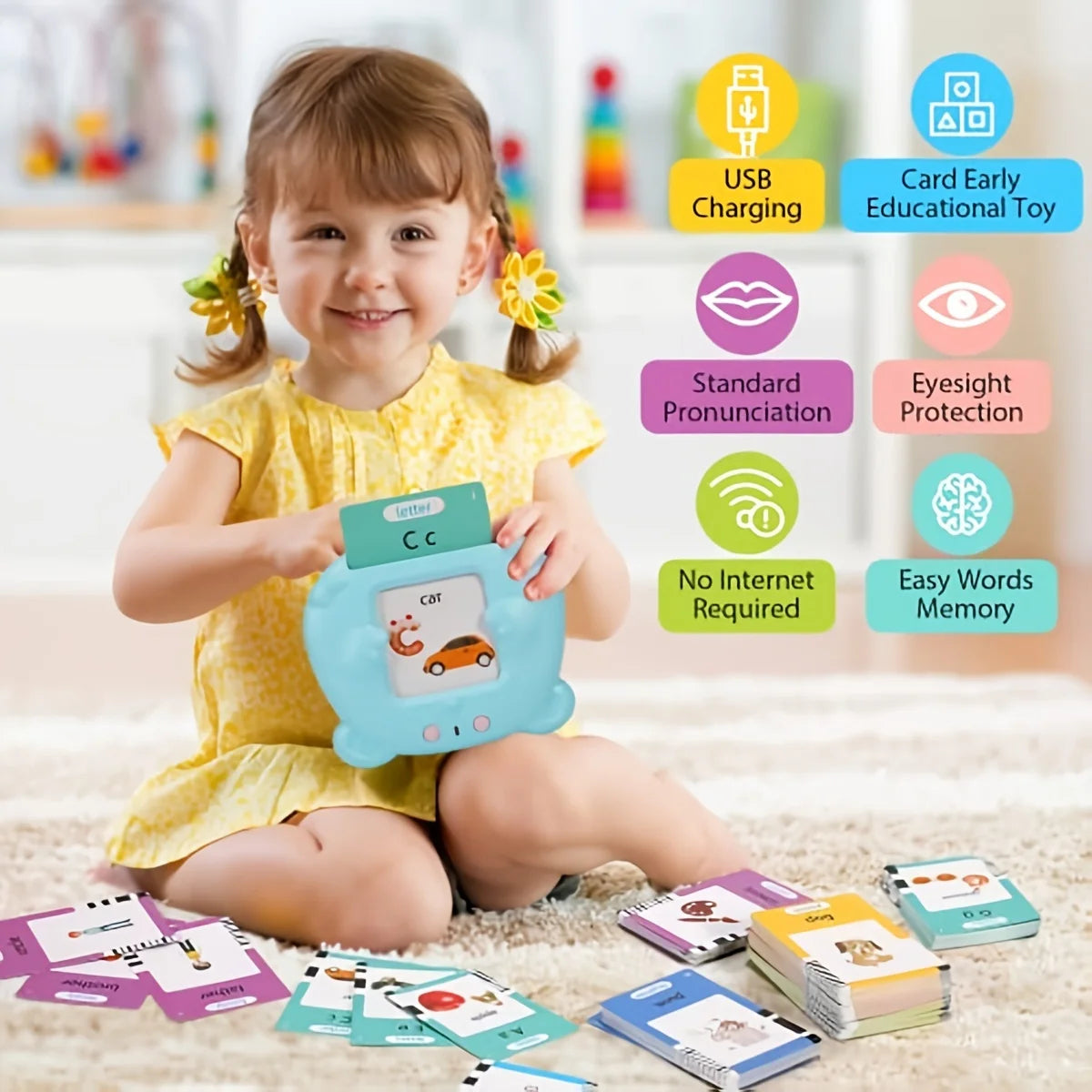 Talking Flash Cards Machine — child listening and learning words