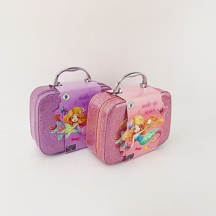 Mermaid Sparkle Makeup Suitcase for Girls — Portable Beauty Vanity Case with Mirror